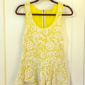 Anthropologie yellow and white lace peplum top M